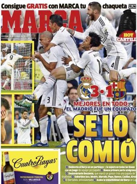 Il 3-1 del Real Madrid sul Barcellona nel Clasico di ieri pomeriggio campeggia ovviamente sulle prime pagine dei quotidiani sportivi spagnoli. Ma in modi ben diversi l&#39;uno dall&#39;altro: su Marca  festa grande 